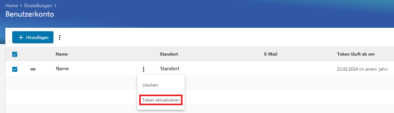 Benutzerkonto Tokens erneuern