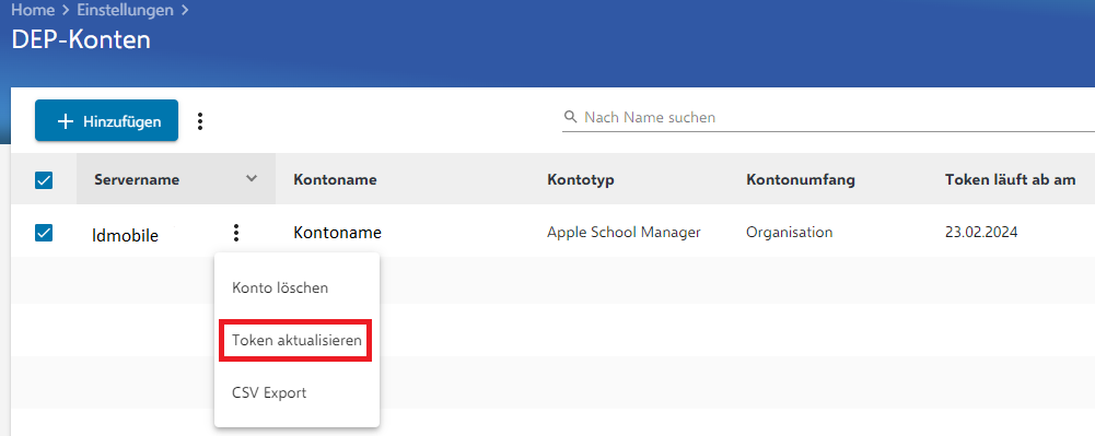 DEP Benutzerkonto Token erneuern